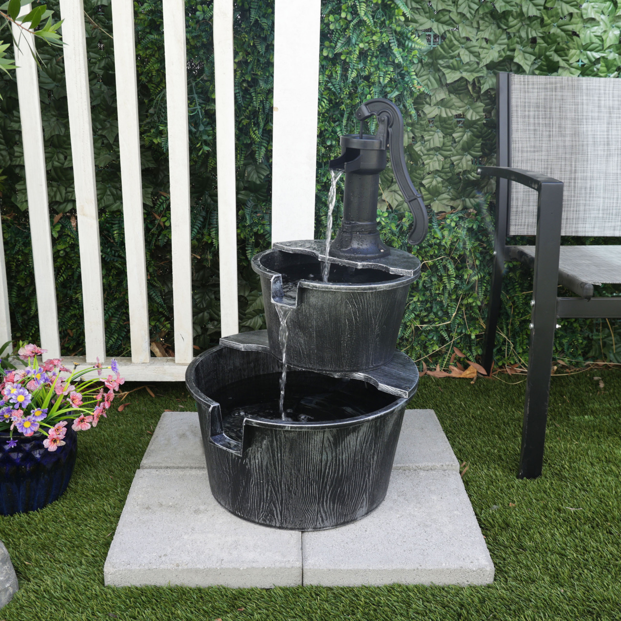 Alpine Corporation 27" Outdoor Rustic 2-Tier Barrel and Pump Water Fountain with LED Lights – Garden, Patio, or Yard Décor, Silver